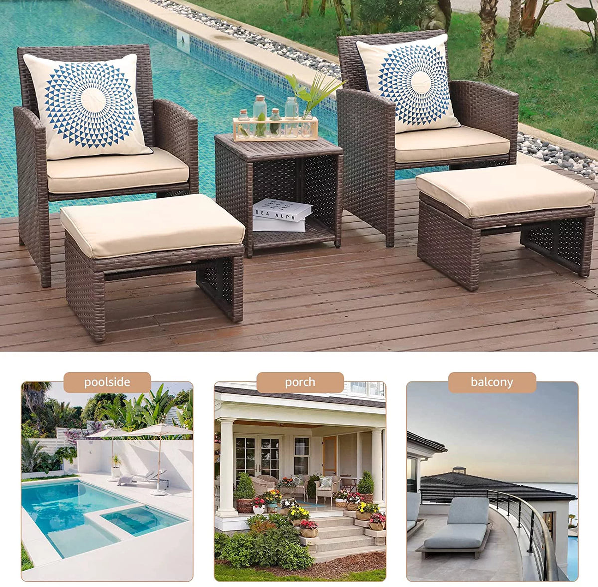 5 Piece Wicker Patio Furniture Set with Storage Table and Ottoman B579
