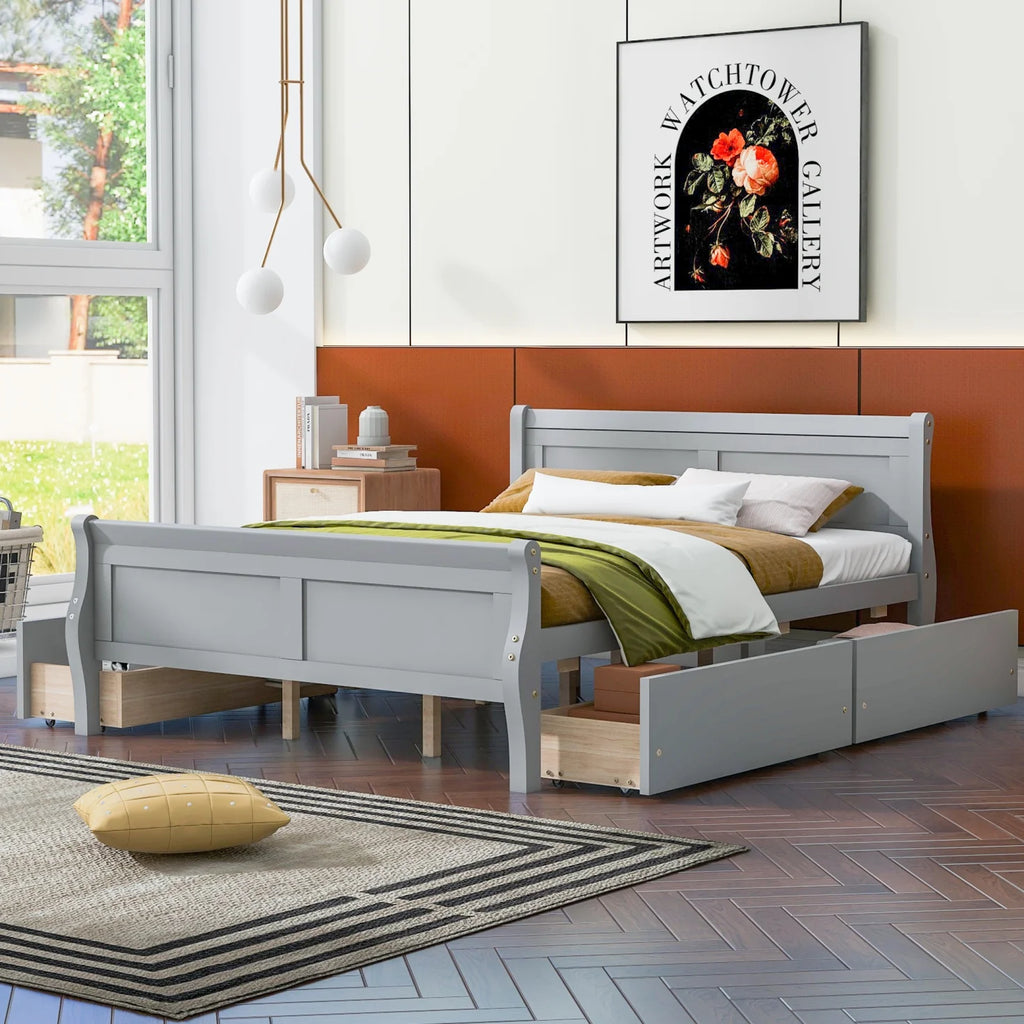 Queen Size Wood Platform Bed with 4 Drawers V9250