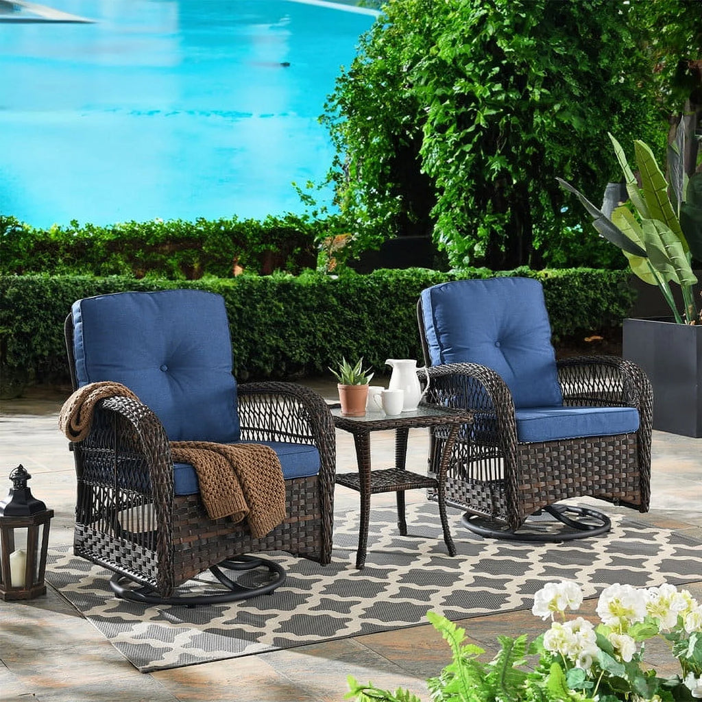Brown Rattan Wicker 3-Piece Outdoor Swivel Glider Set with Blue Cushion O6432
