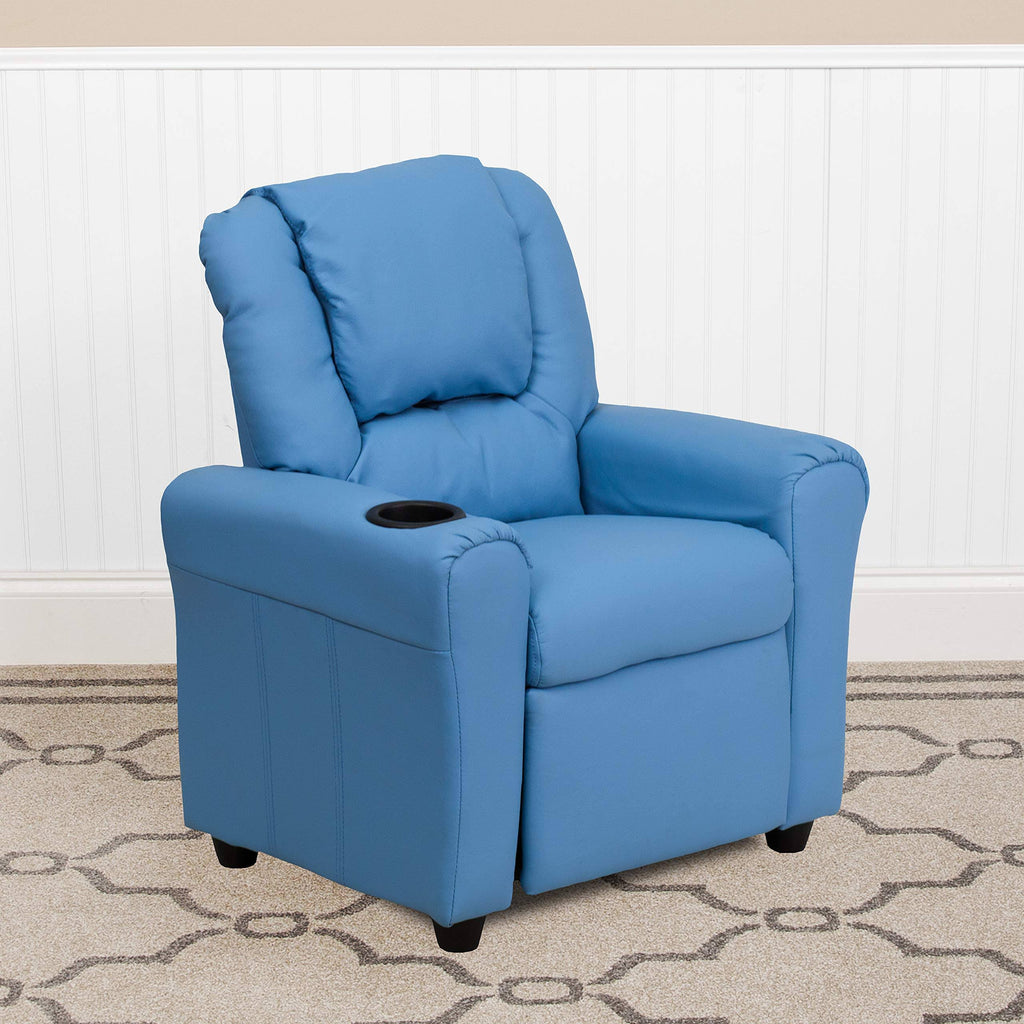 Light Blue Vinyl Kids Recliner with Cup Holder and Headrest R725806
