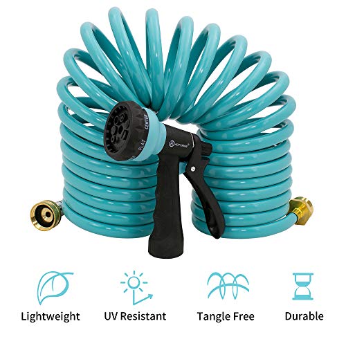 50 ft EVA Curly Garden Water Hose with Brass Connectors and 7-Pattern Sprayer Y198082