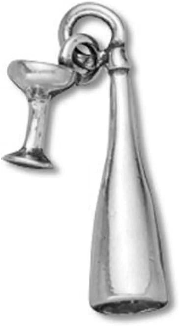 Sterling Silver 3D Moveable Champagne Bottle With Glass Charm G22274