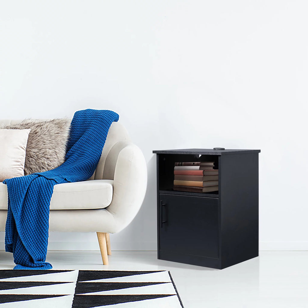 Black Nightstand with Storage and 3 USB Ports S3089