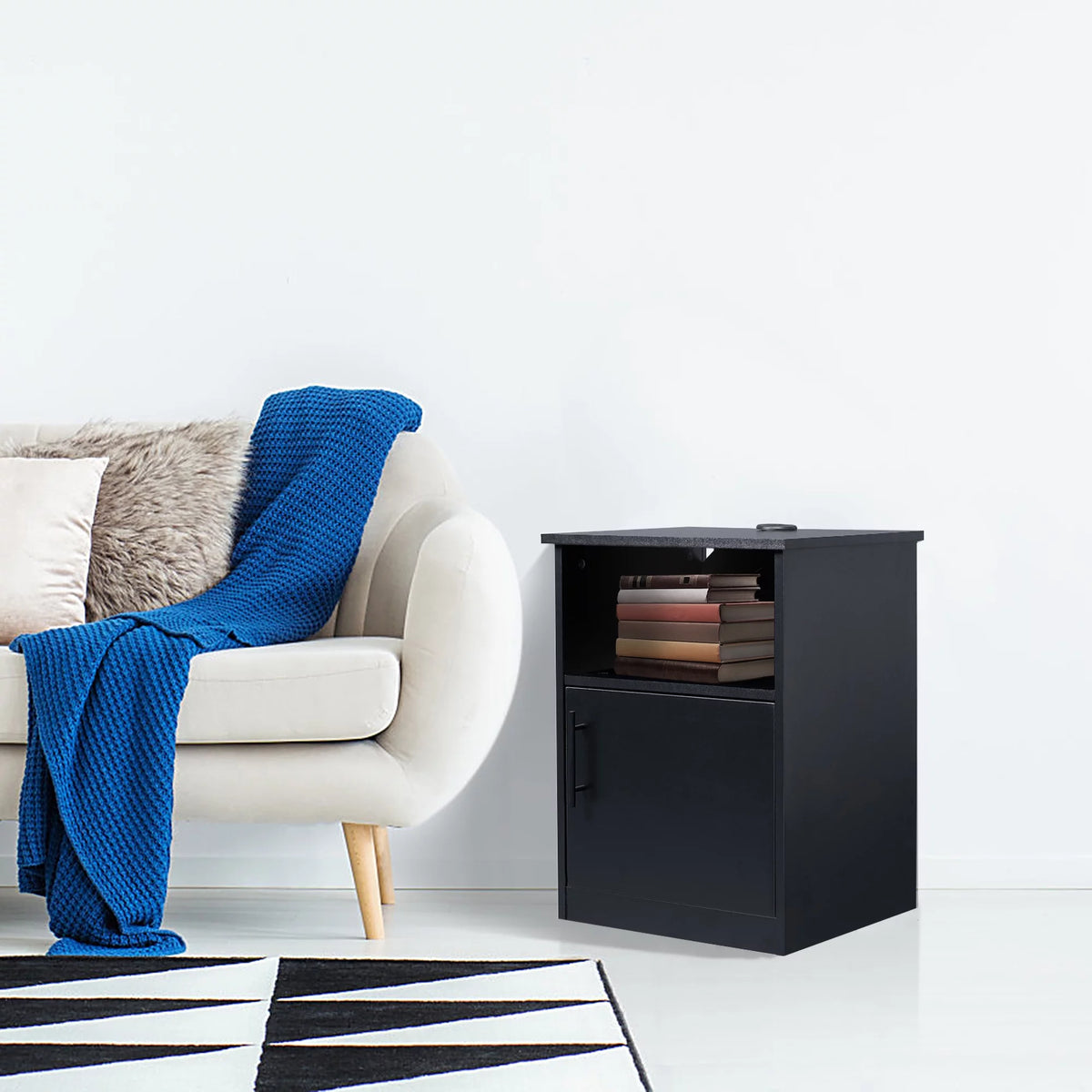 Black Nightstand with Storage and 3 USB Ports S3089