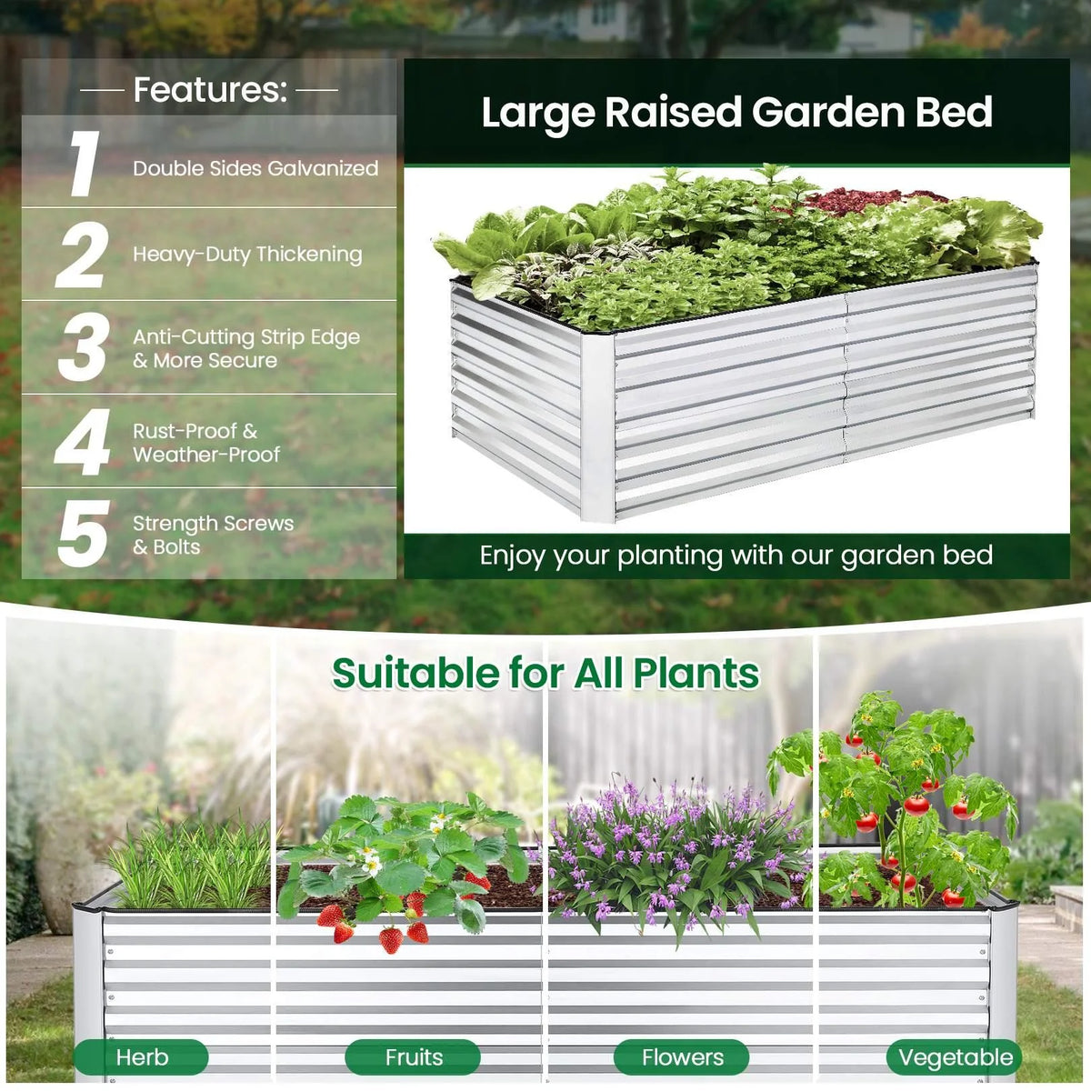 Galvanized Steel Raised Garden Bed with Liner 6ftx3ftx2ft J240