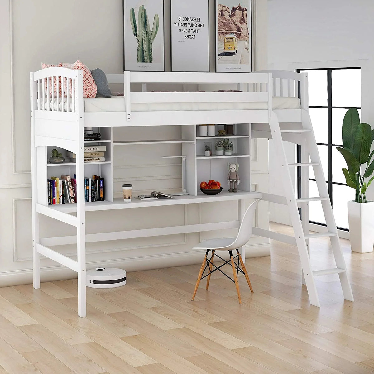 White Twin Size Solid Wood Loft Bed with Desk F3894