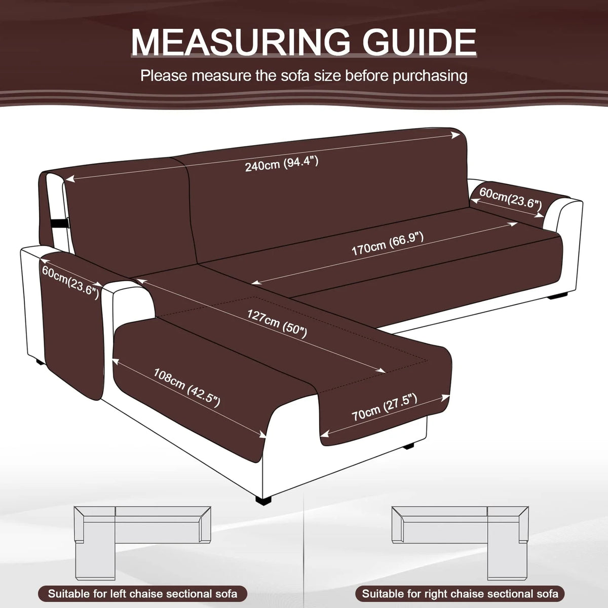 Large/Chocolate Waterproof L Shaped Sofa Covers 3pcs W70842