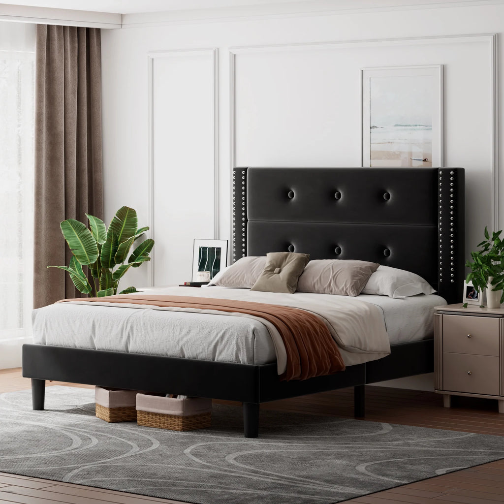 Queen Black Velvet Upholstered Platform Bed Frame with Tufting Headboard Q62681