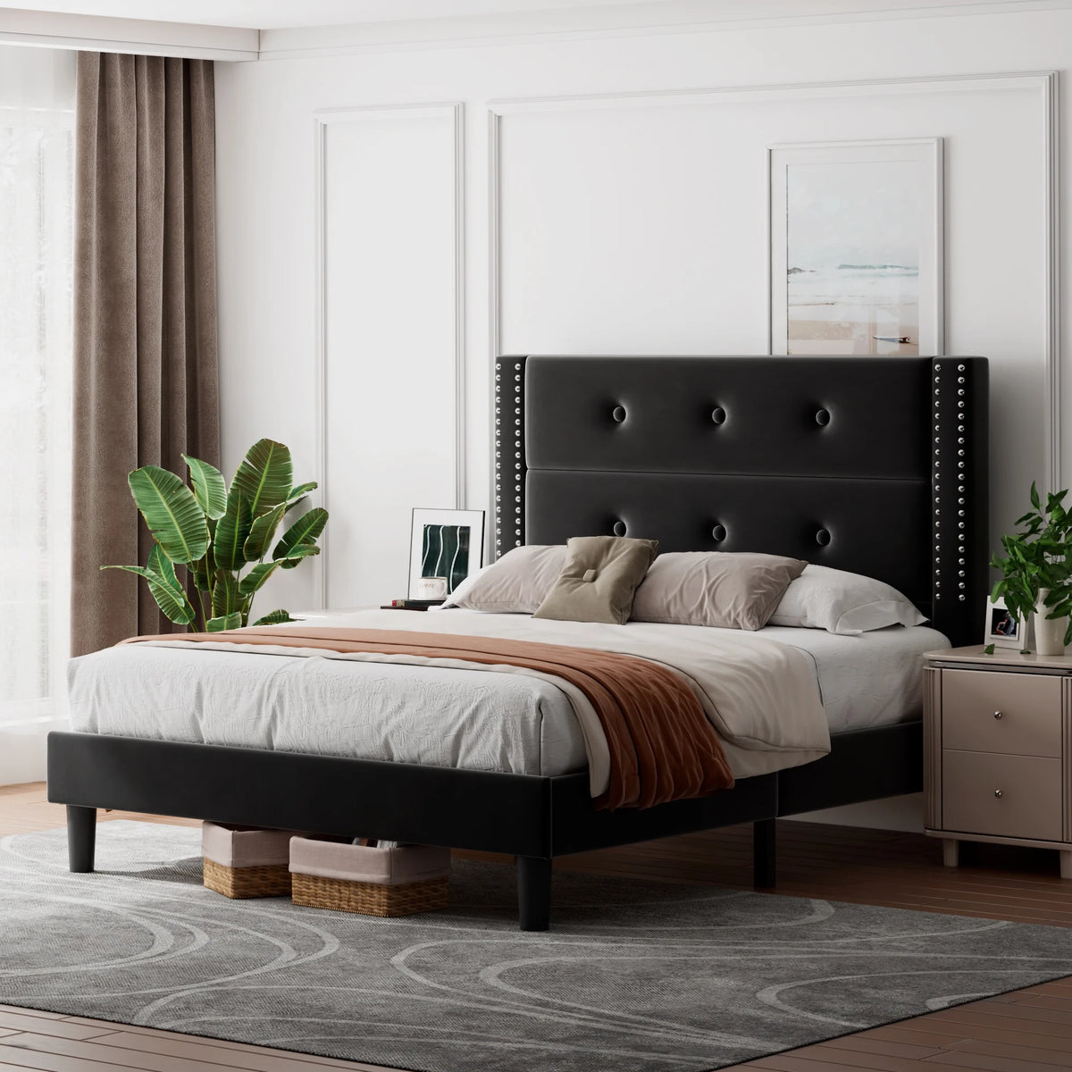 Queen Black Velvet Upholstered Platform Bed Frame with Tufting Headboard Q62681