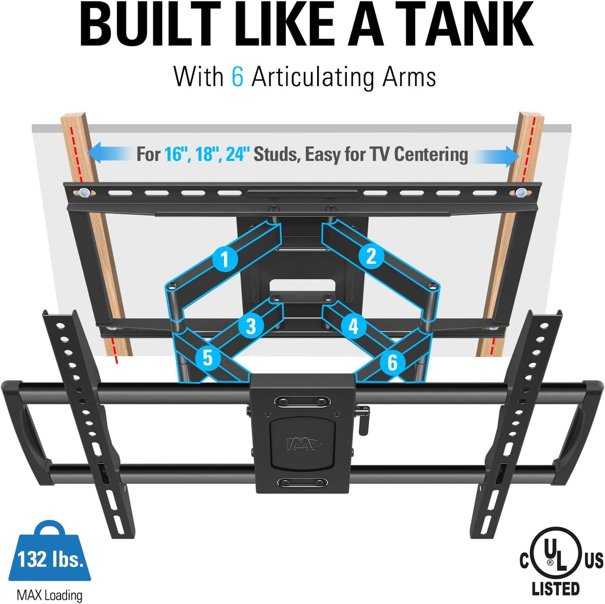 Full Motion TV Wall Mount Bracket for 42-75 Inch TVs, Max VESA 600x400mm, 132 lbs D4368