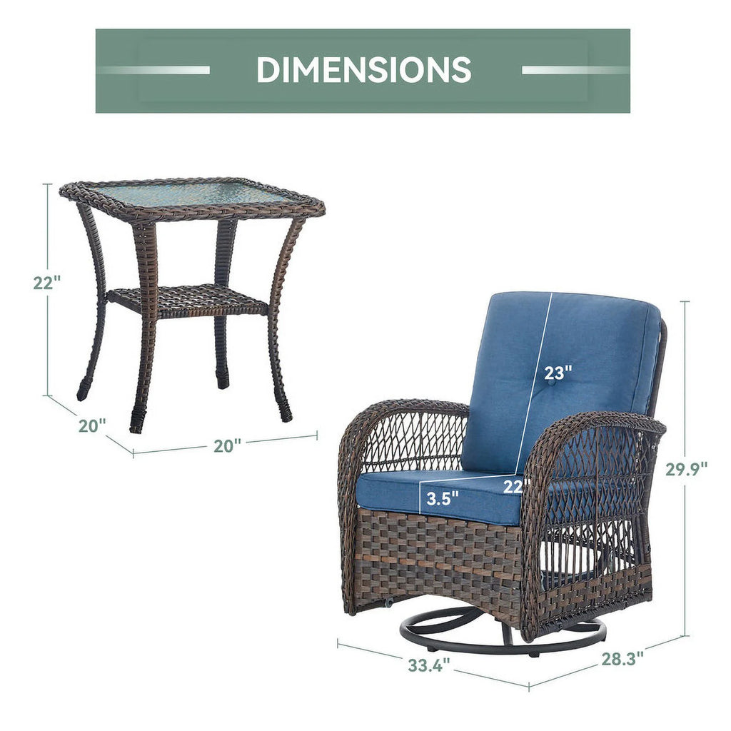 Brown Rattan Wicker 3-Piece Outdoor Swivel Glider Set with Blue Cushion O6432