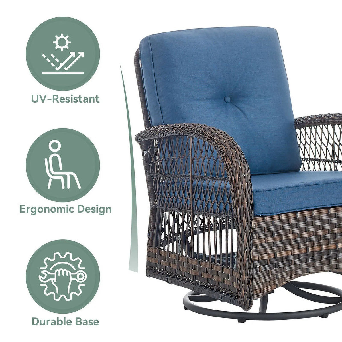 Brown Rattan Wicker 3-Piece Outdoor Swivel Glider Set with Blue Cushion O6432