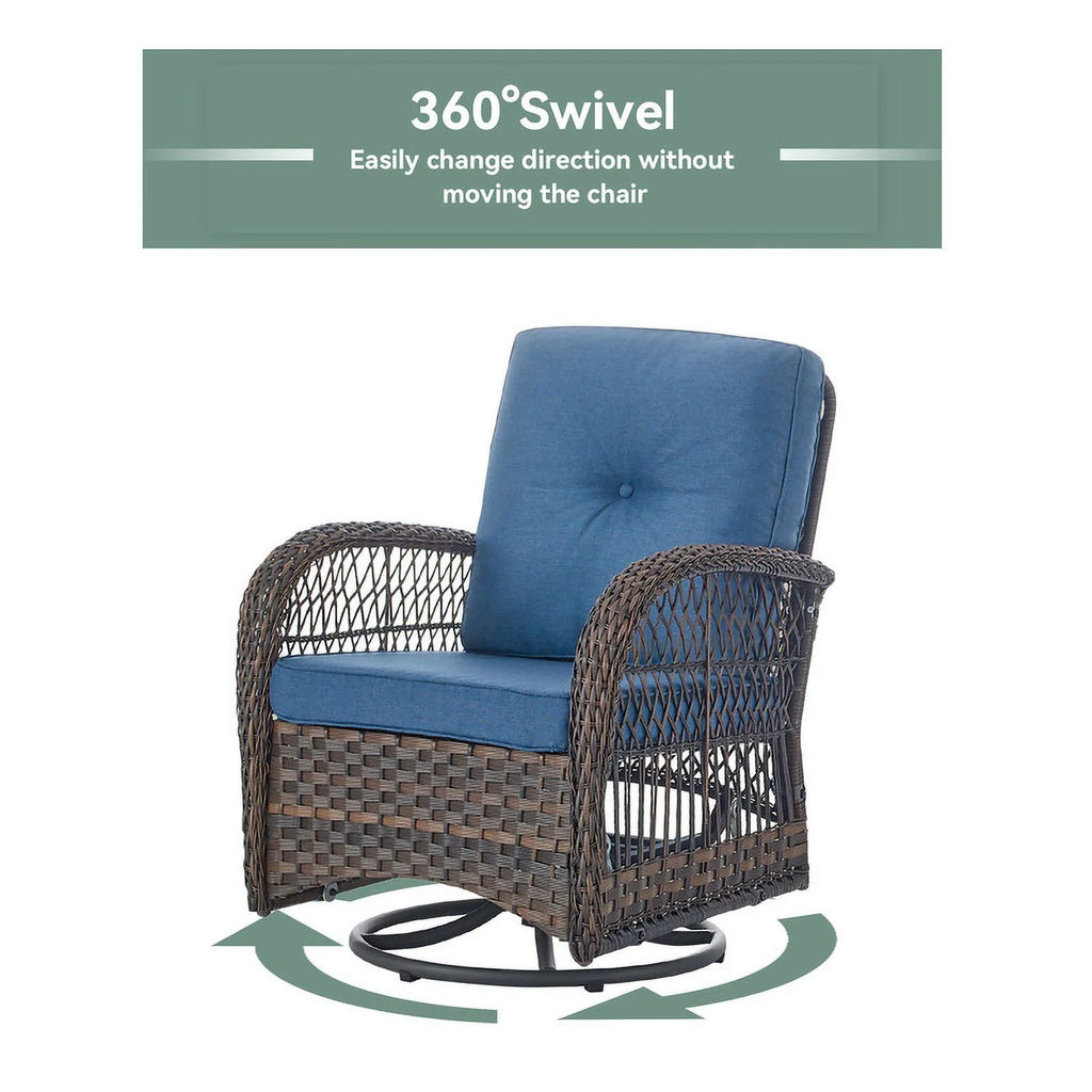 Brown Rattan Wicker 3-Piece Outdoor Swivel Glider Set with Blue Cushion O6432